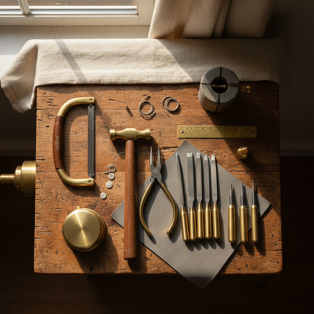 A curated flat-lay of essential silversmithing tools on a worn wooden workbench.