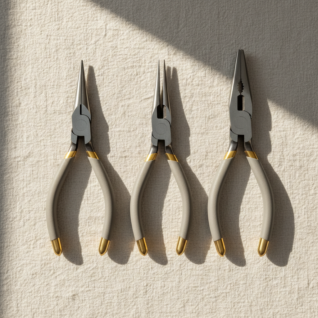 Top-down editorial photograph of three pliers laid out on a cream linen surface — a round-nose, a chain-nose, and a parallel-action chain-nose pliers. Brass accents on the handle ends. Warm window light from upper left. No watermark, no tex