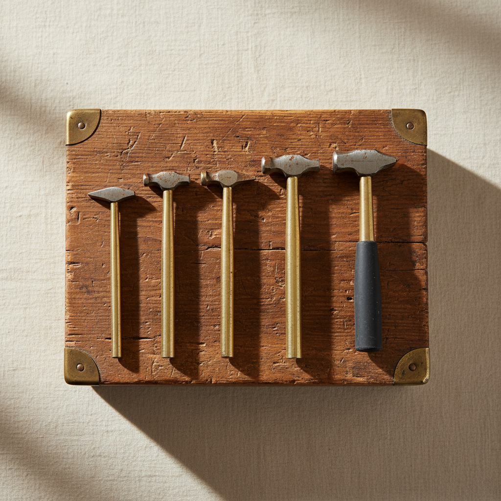A selection of five budget-friendly jeweller's hammers arranged neatly on a worn wooden bench block.