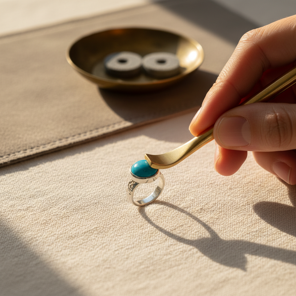 A banded agate cabochon being set into a fine silver bezel on a ring