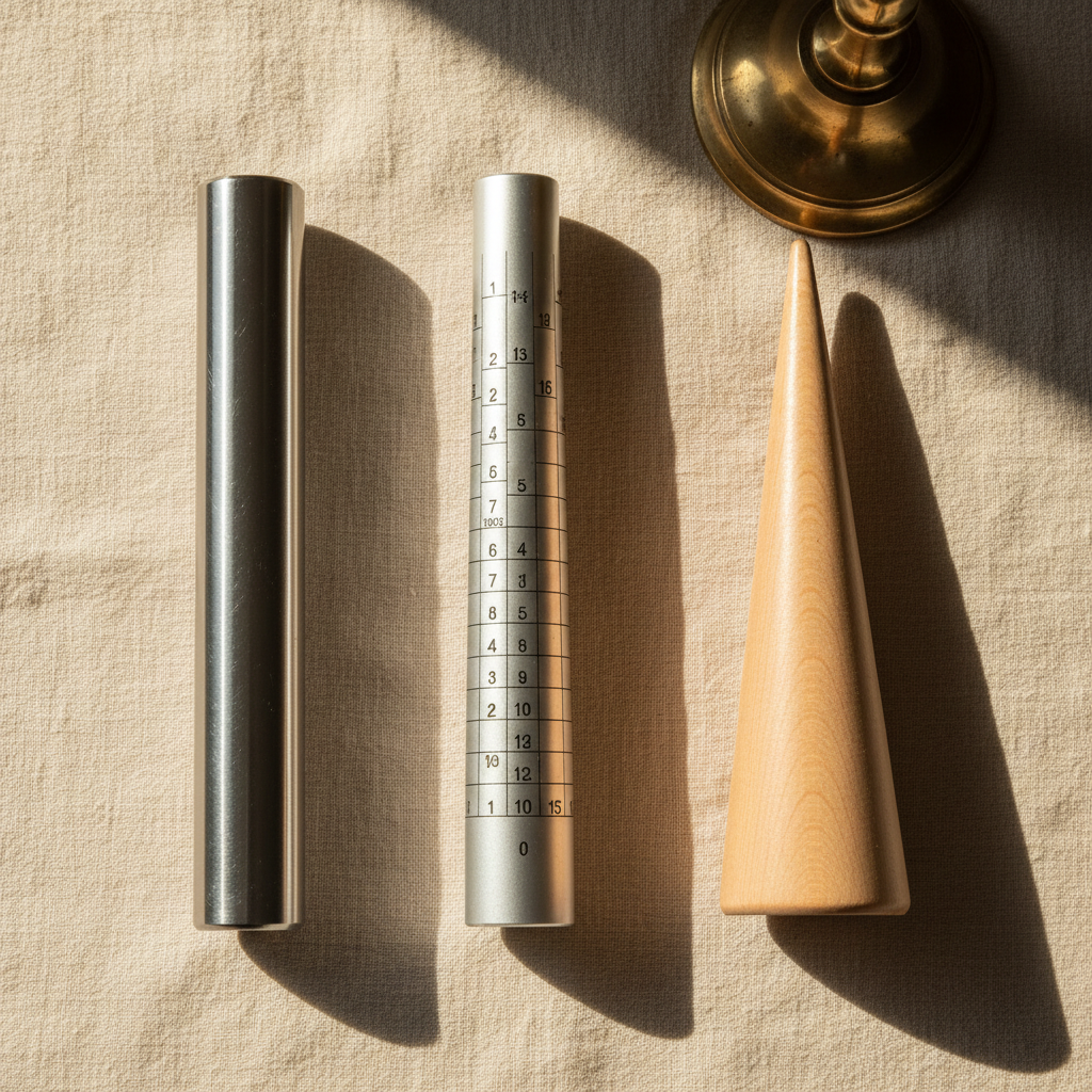 Editorial flat lay of three ring mandrels — a steel mandrel, an aluminium mandrel with marked sizing grooves, and a tapered wooden mandrel — arranged in parallel on a cream linen surface. Warm window light from upper left, subtle drop shado