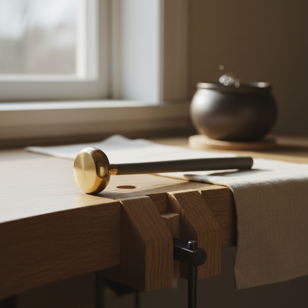 Close, low-angle shot of a chasing hammer resting on an oak bench peg, brass and warm-grey palette, soft window light from the left, shallow depth of field. No watermark. Workshop context — visible bench pin, hint of pickle pot in the deep