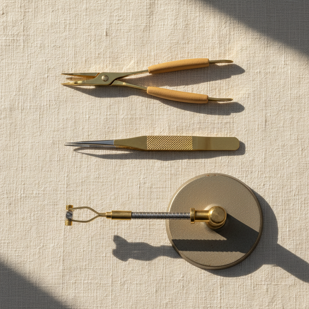 Editorial top-down photograph of three soldering tweezers laid in parallel on cream linen: a straight cross-lock tweezer with fibre grips, a reverse-action self-locking tweezer, and a third-hand-base with mounted cross-lock. Warm window lig