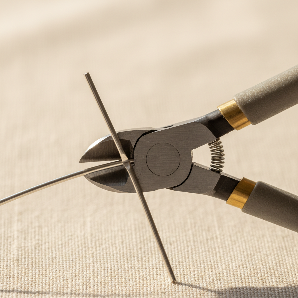 Macro close-up of a pair of flush-cut side cutters mid-snip through a piece of half-hard sterling silver wire, captured at the instant the wire parts. Bright workshop light from above, brass details on the plier handles. Cream linen backgro