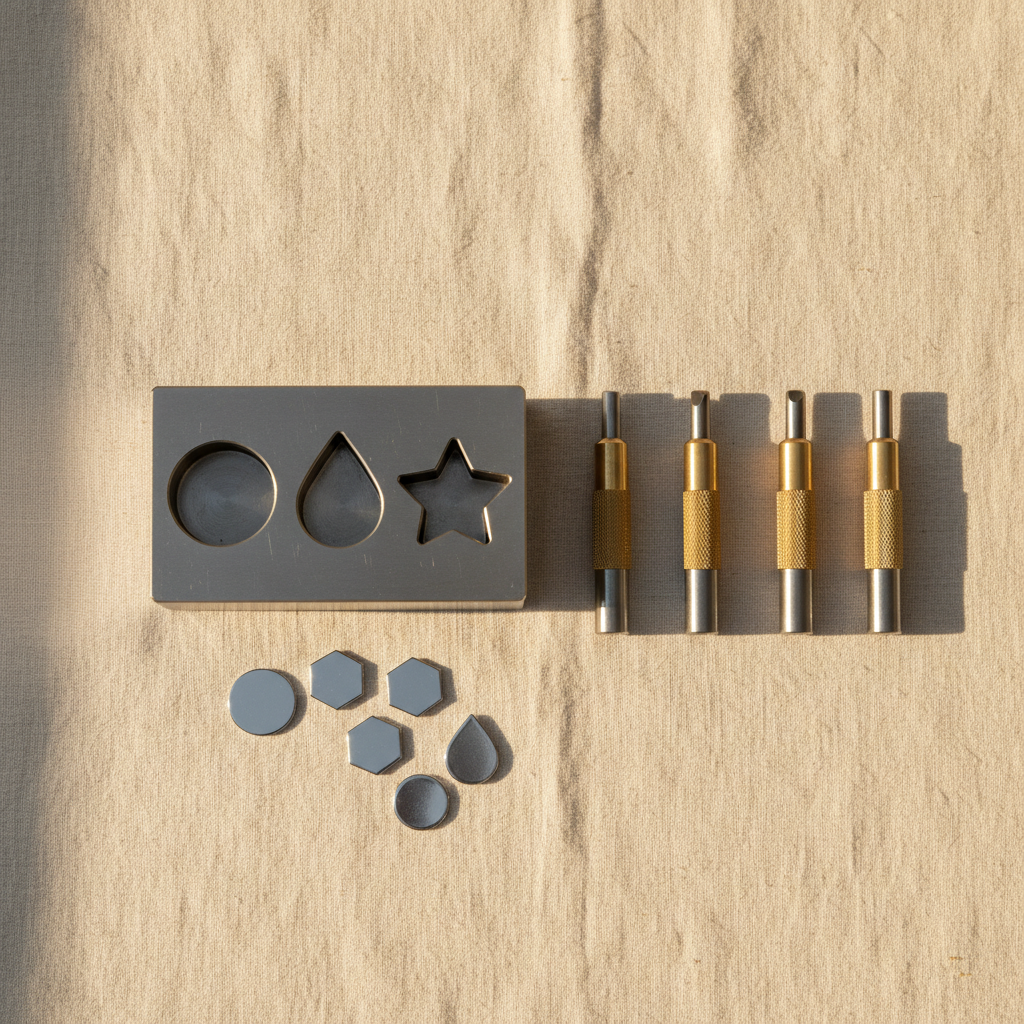 Editorial top-down shot of a multi-shape steel disc cutter set arranged on cream linen: the steel die block with shaped cavities, five matching punches lined up beside it, a small section of cut silver discs (round, hexagon, teardrop) fanne