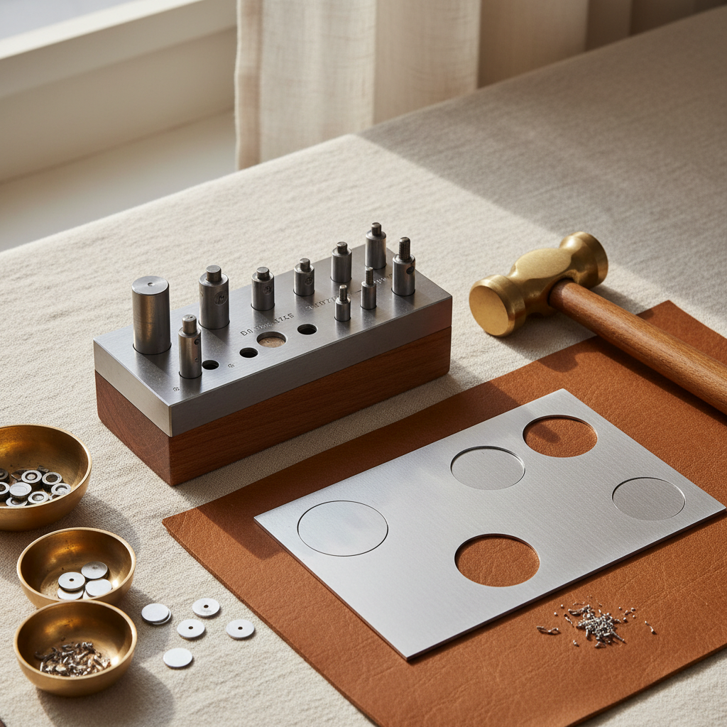 A jeweller's workbench with a steel disc cutter set, brass hammer, and silver sheet metal.