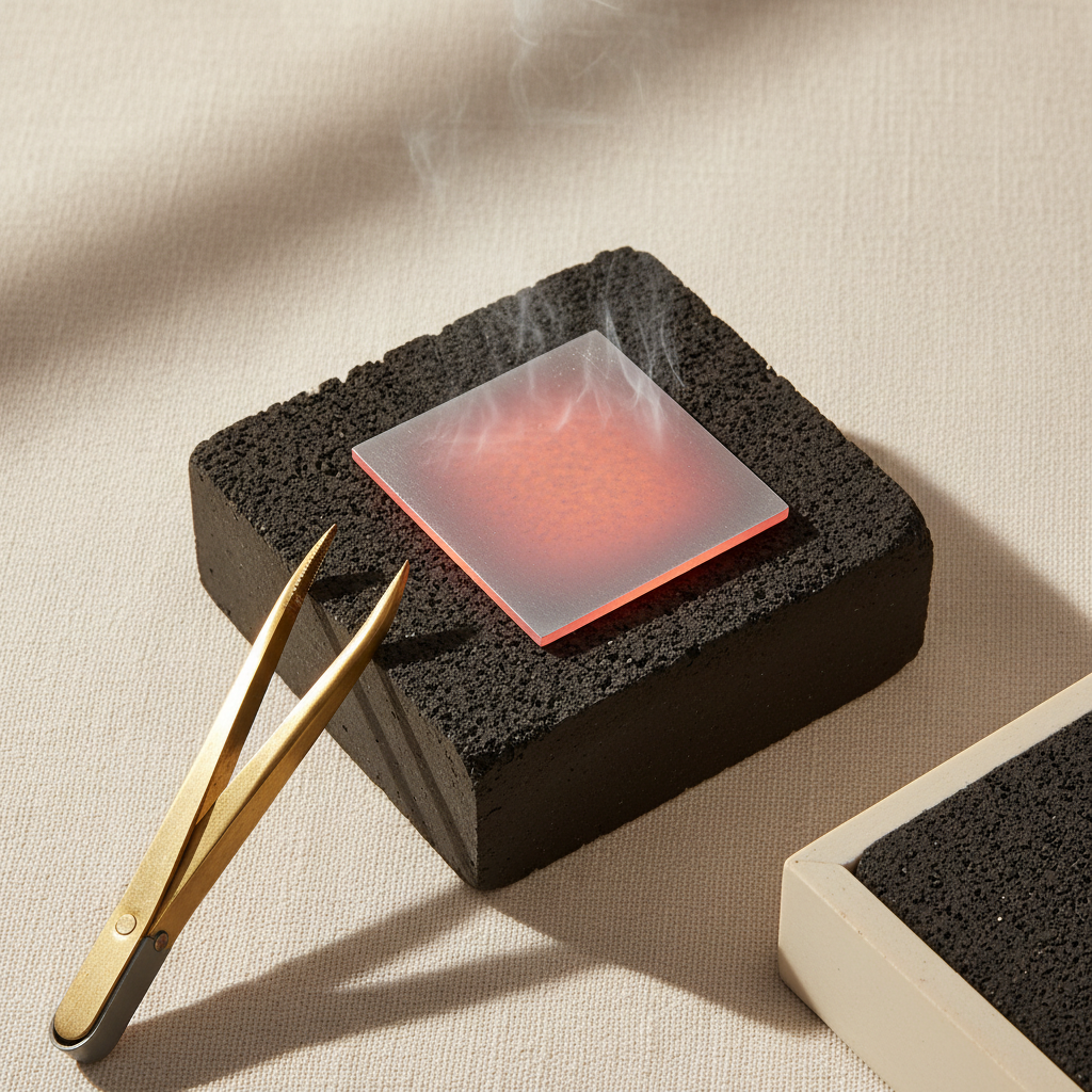 Top-down photograph of a piece of dull-red glowing silver sheet on a soldering-grade charcoal block, flame just retreated, light wisp of heat distortion above the metal. Warm amber light from the torch tone. Subtle workshop atmosphere — cor