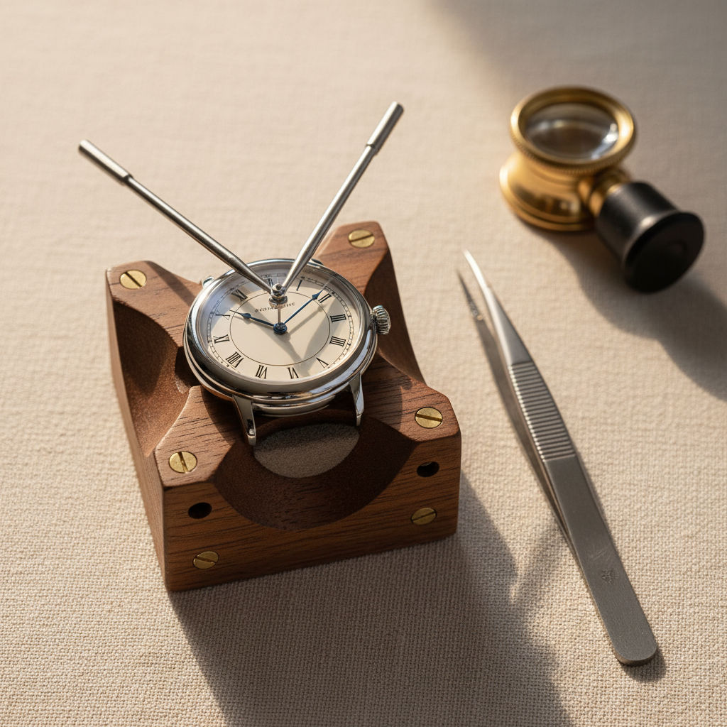 Editorial overhead photograph of a watchmaker's bench setup: a watch face-up in a wooden case holder, dial exposed, with two thin levers (or a hand-puller tool) positioned over the hour-hand boss. Anti-magnetic titanium tweezers and a loupe