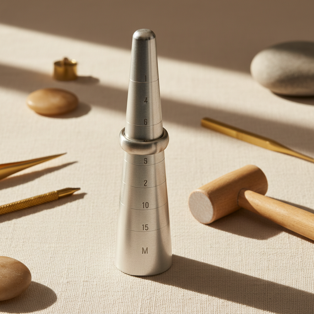 Editorial bench photograph of a silver ring slipped halfway down a tapered aluminium ring mandrel, with the size markings clearly visible on the mandrel's surface. The ring is at approximately the M position. A small rawhide mallet rests be