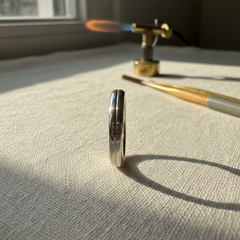 Close-up of a perfectly clean, unpitted silver solder seam on a sterling silver ring shank, torch in soft focus in the background.