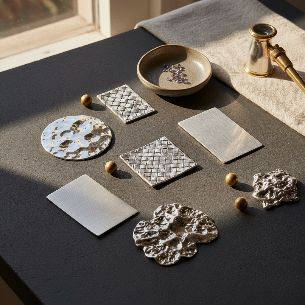 A selection of textured silver samples on a dark jeweller's bench, lit from the side to show detail.
