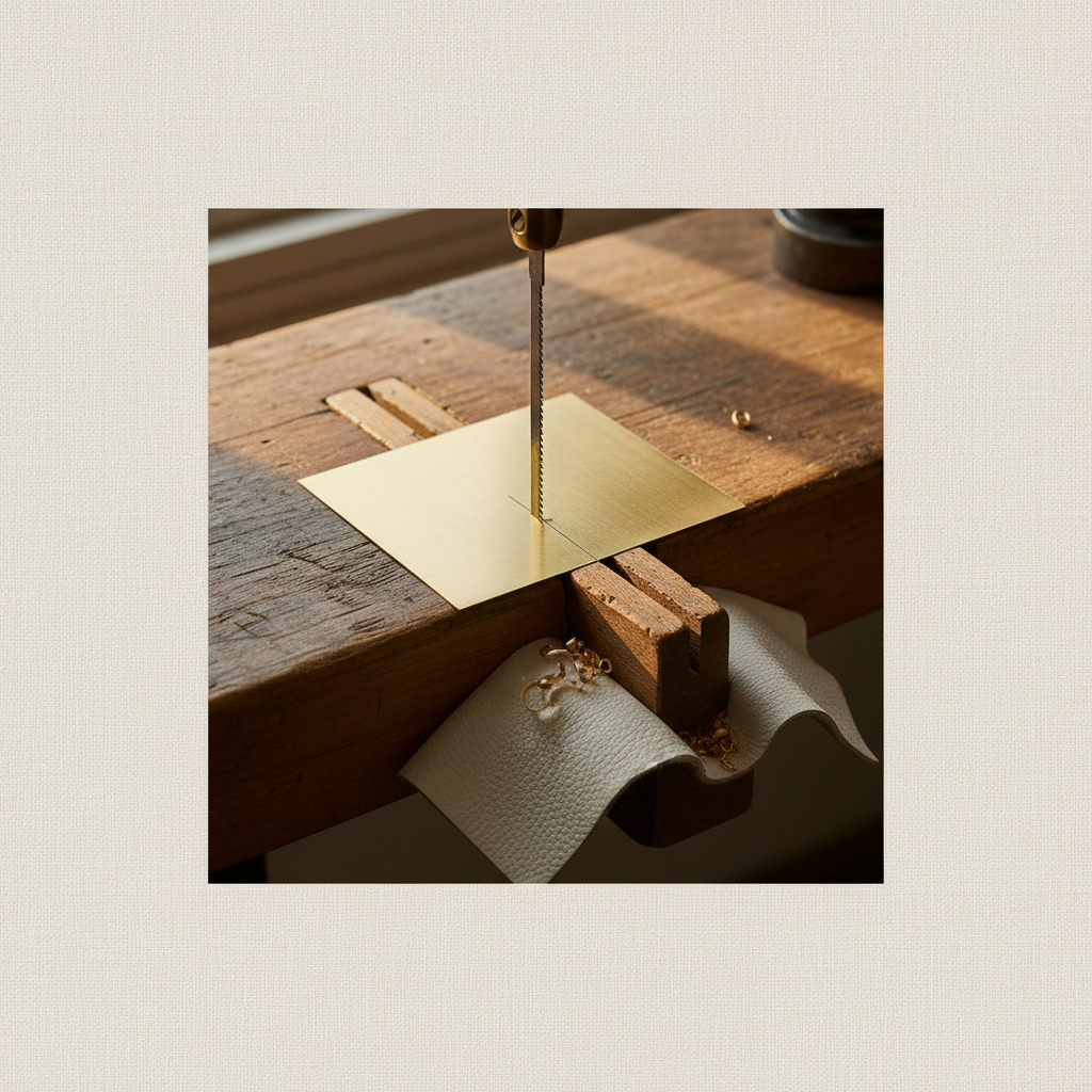 A jeweller's saw frame mid-cut on a sheet of brass on a V-slot bench pin