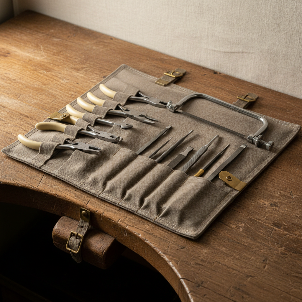 A neatly arranged canvas tool roll on a wooden jeweller's bench, showing pliers, files, and a saw frame.