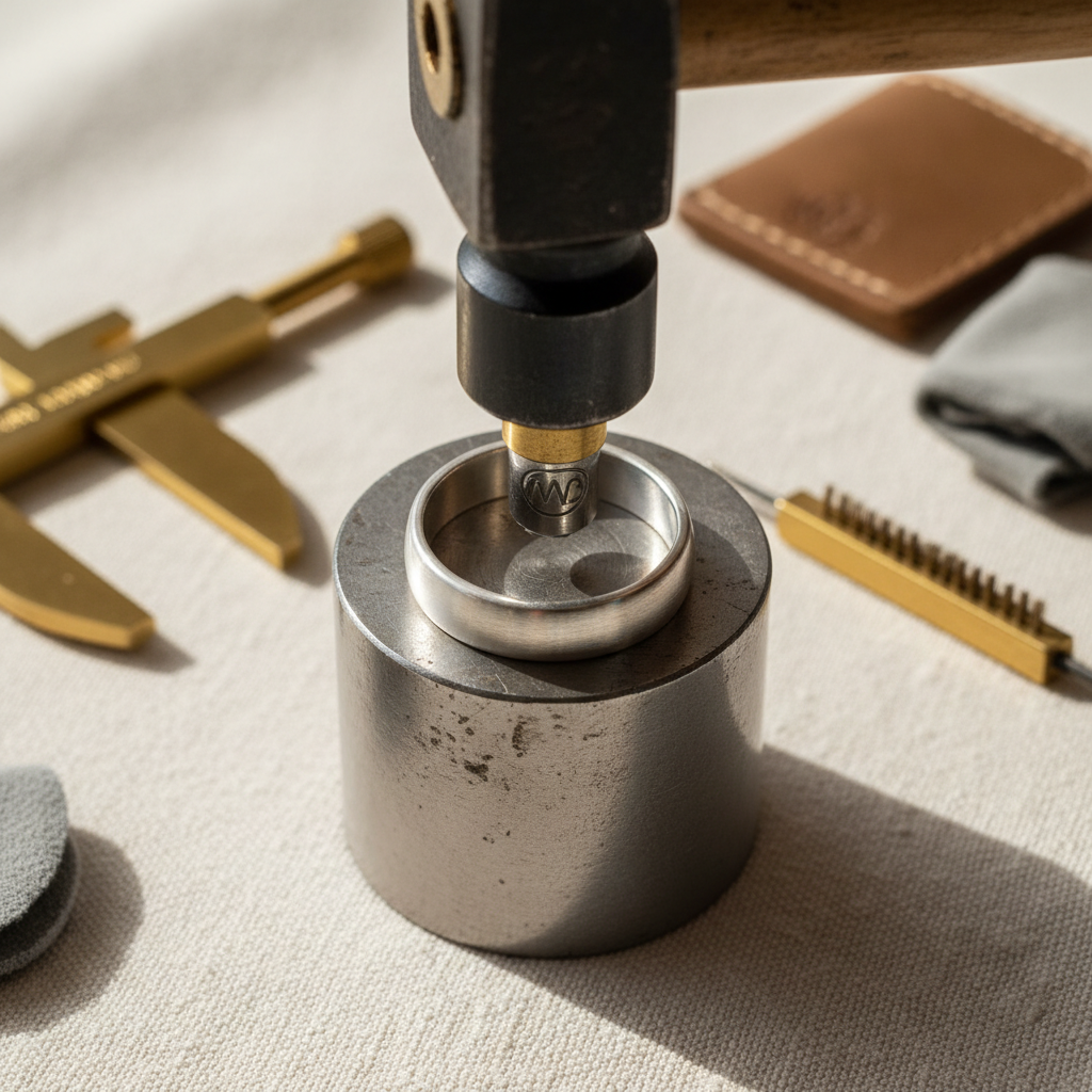 Editorial top-down shot of a maker's stamp mid-strike on the inside of a silver ring shank. The ring is held flat against a small steel anvil block, the stamp positioned at 90° with a heavy hammer caught just above frame. Cream linen backgr