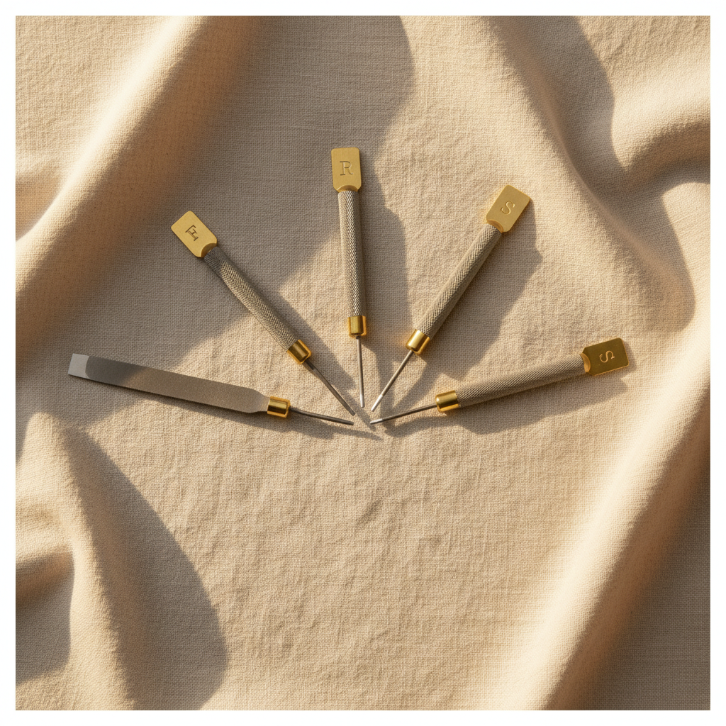 A fan of needle files of different shapes laid on linen