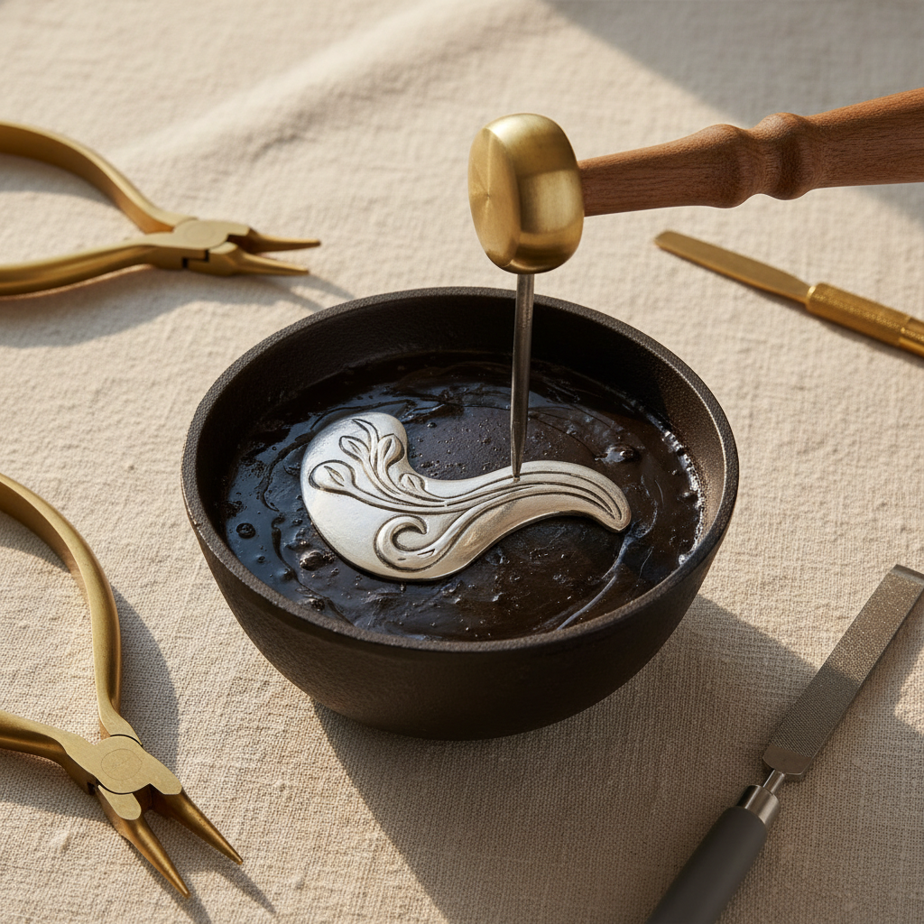 A jeweller's pitch bowl with a piece of silver being worked with a chasing hammer and punch.