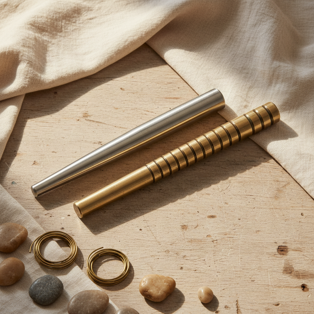 A tapered round ring mandrel and a stepped bracelet mandrel lying side-by-side on a worn wooden bench.