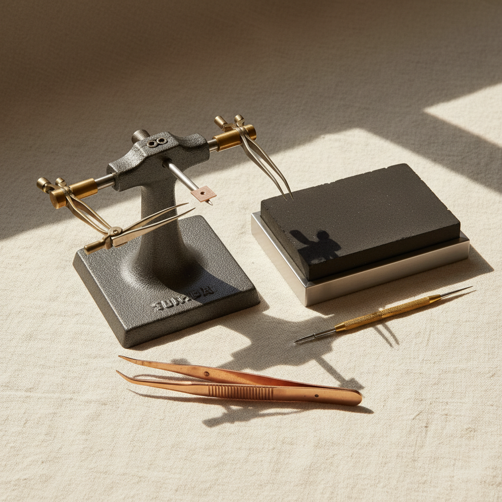 Top-down editorial photograph of a complete hands-free soldering setup: heavy third-hand base with cross-lock tweezers mounted, charcoal block on stainless holder beside it, titanium soldering pick within reach, copper pickling tweezers in