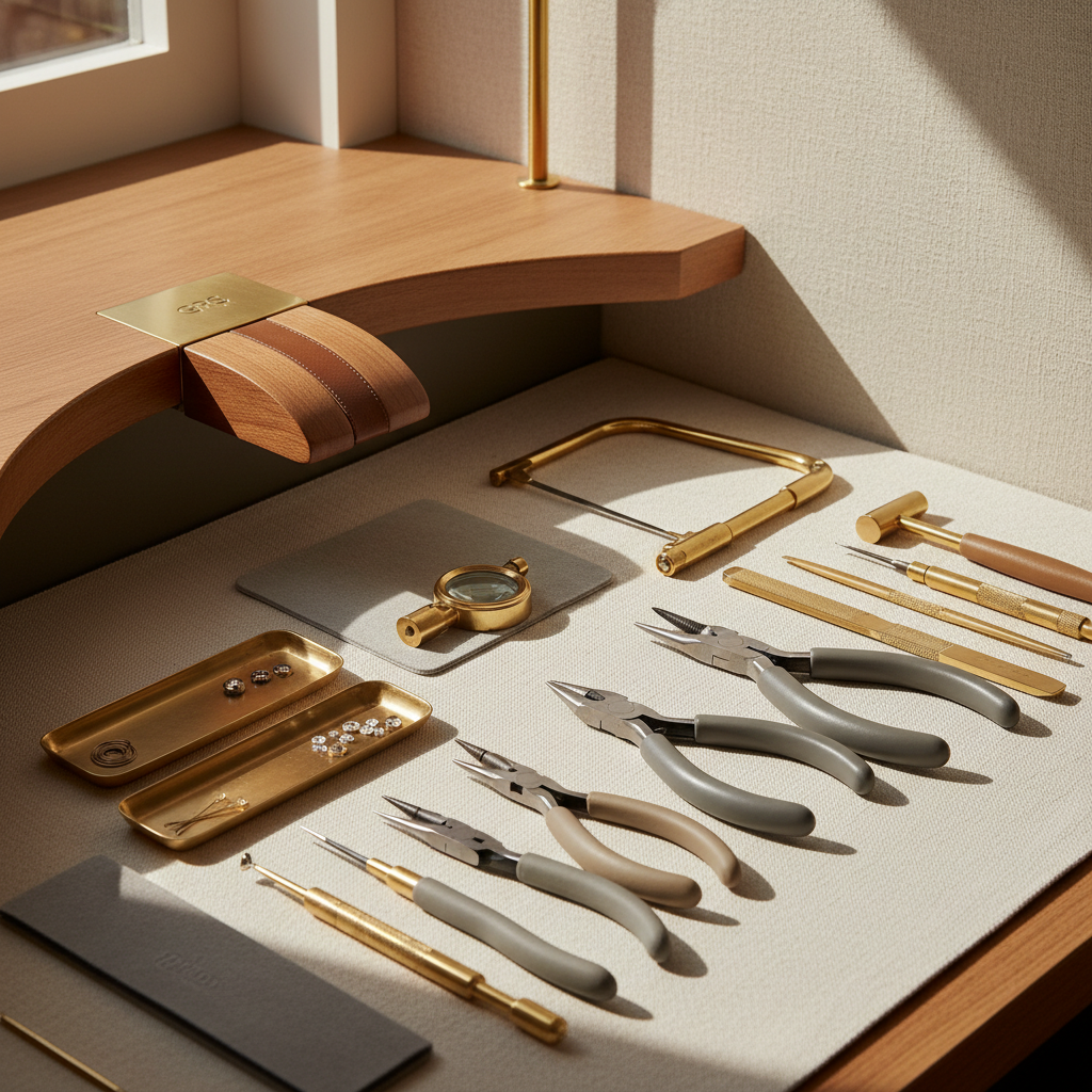 A well-lit, organised jeweller's bench with a GRS bench peg, showing hand tools neatly arranged.