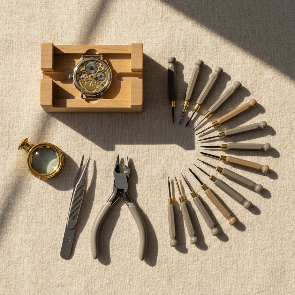 Editorial top-down photograph of an amateur watch-repair toolkit laid out on cream linen: a wooden case holder with a watch resting in it, a 16-piece watch repair kit fanned out beside, a loupe to one side, anti-magnetic titanium tweezers,