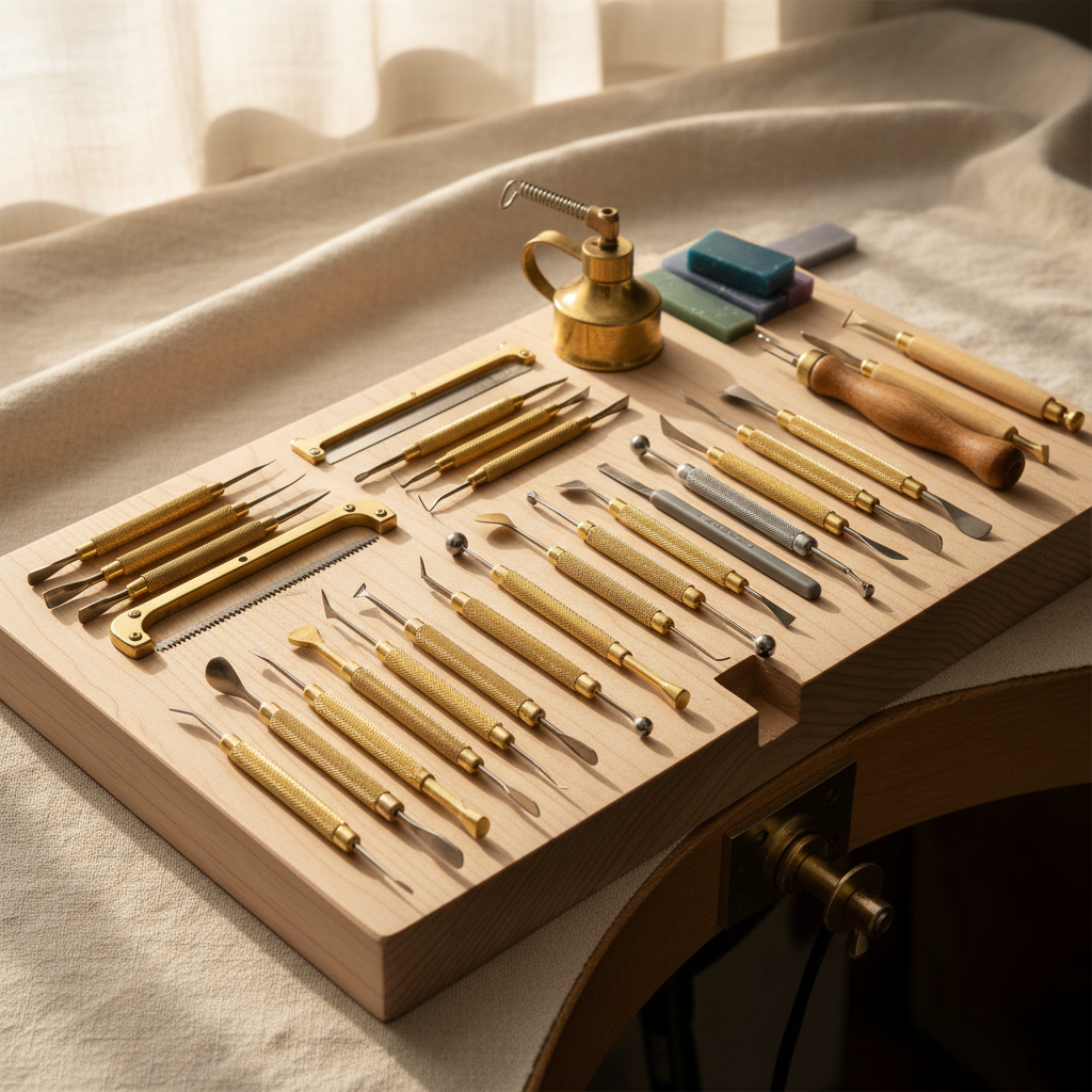 A selection of essential wax carving tools arranged neatly on a wooden bench pin.