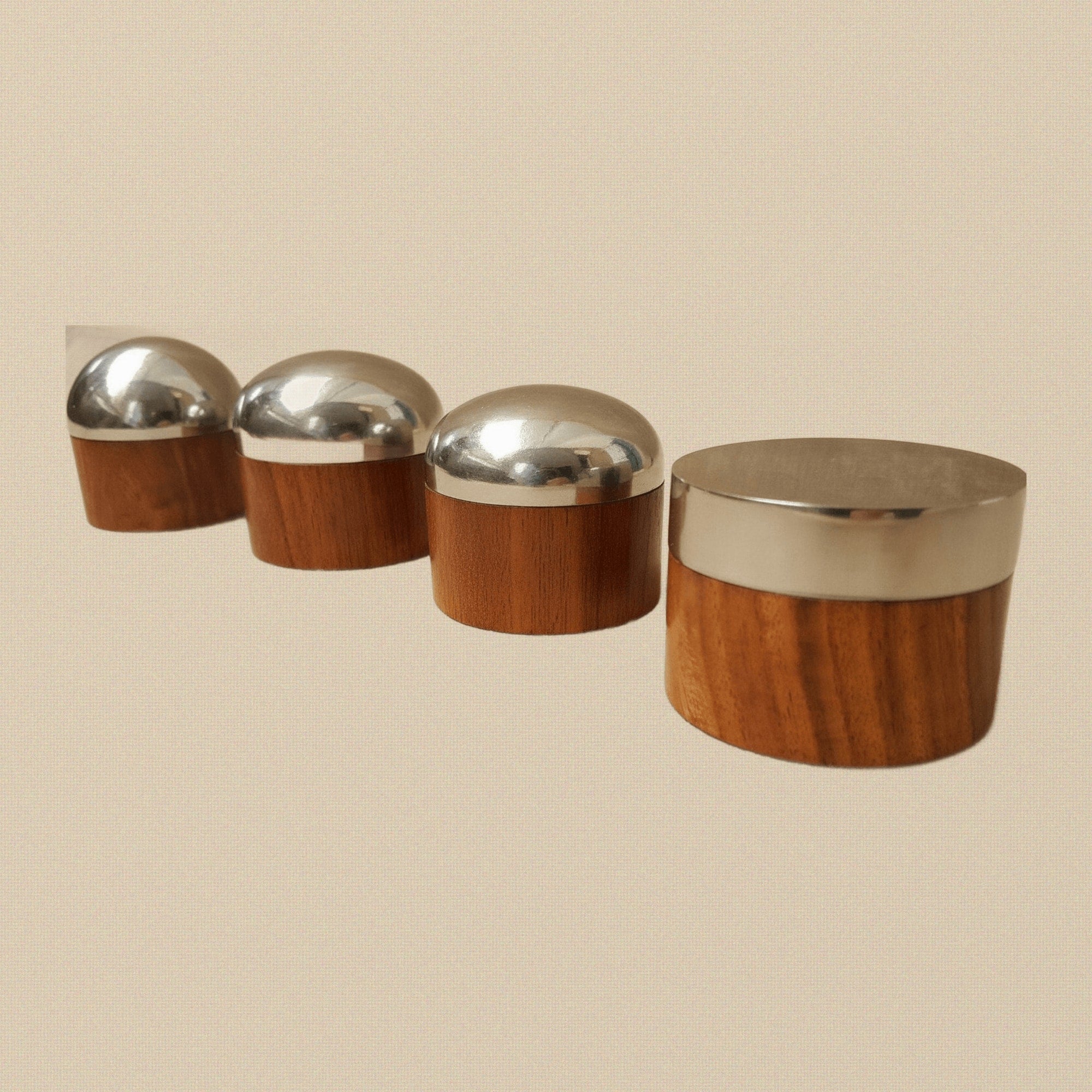 Set of Four Steel Forming Anvils with Flat and Domed Profiles on Rosewood Bases