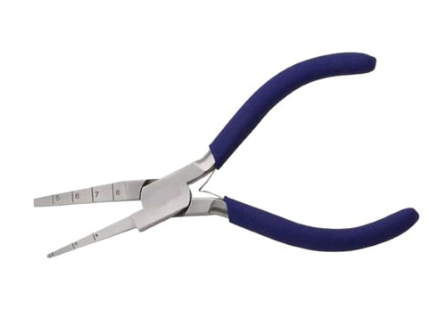 Close-up of square jaws on stainless steel loop-forming pliers for jewellery making