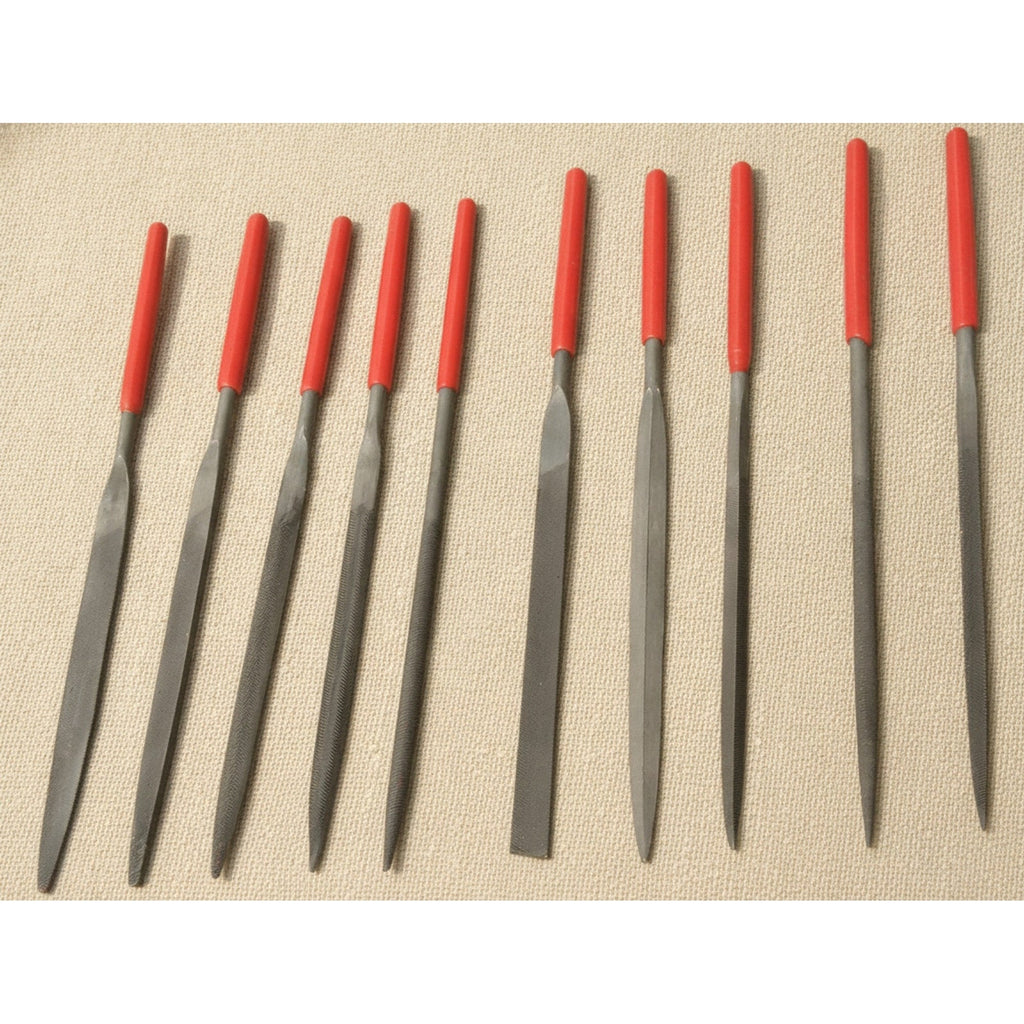 10-Piece Bearing Steel Needle File Set, 140mm, with Soft-Grip Handles in Pouch