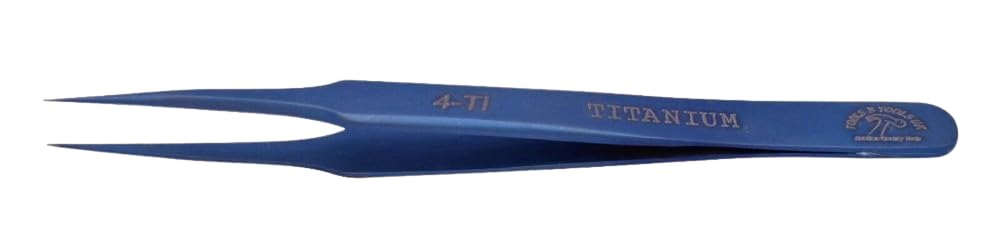 Close-up of the fine, anti-magnetic titanium tips of the 120mm precision tweezers.