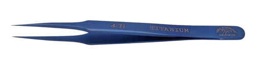 Close-up of the fine, anti-magnetic titanium tips of the 120mm precision tweezers.