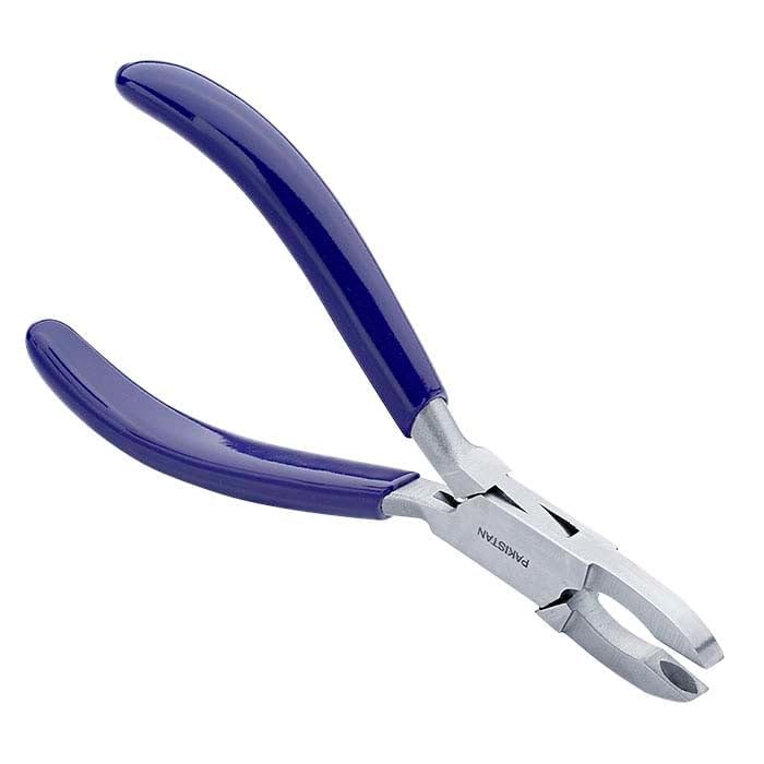 Close-up of parallel-action jaws on professional stainless steel loop closing pliers