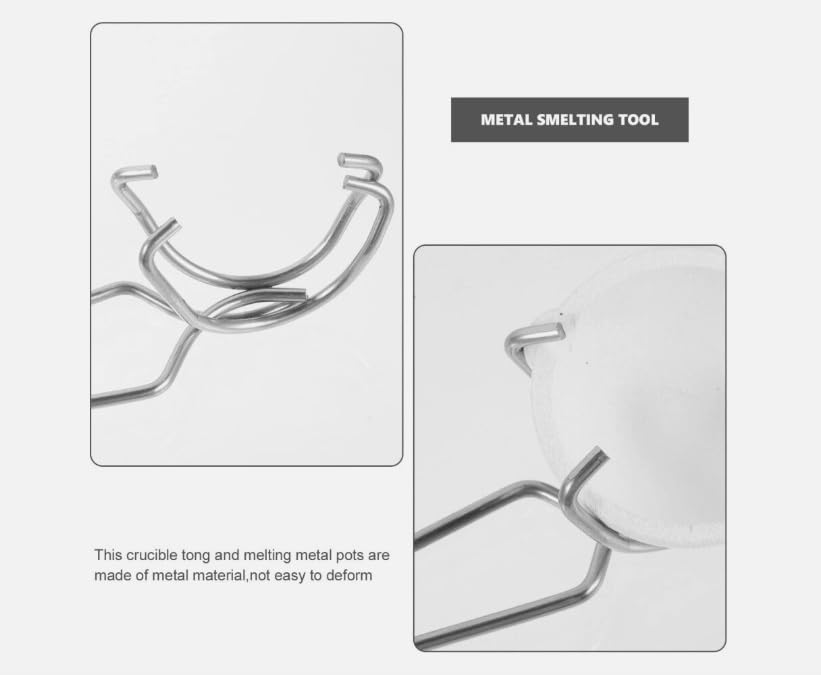 Close-up of the stainless steel pinch tongs gripping a crucible, showing their fine detail and strength.