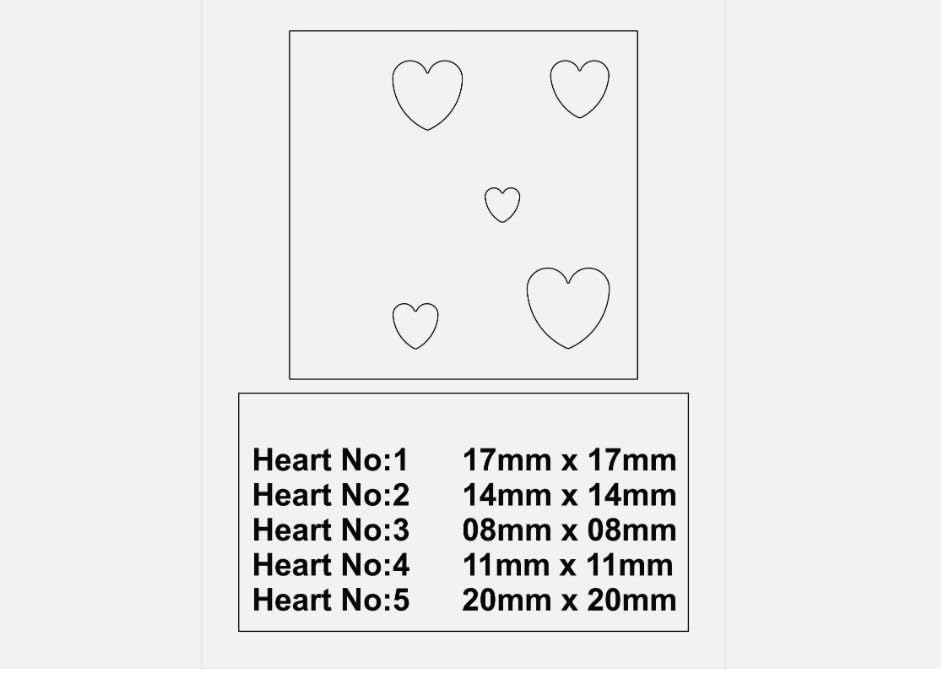 Close-up showing the five heart-shaped steel disc cutters nested together, sizes 8-20 mm