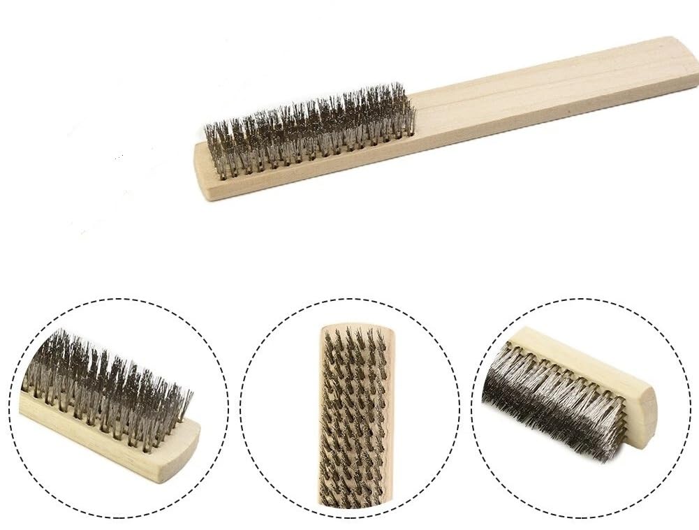 Close-up of the 8x18 steel bristles on the wooden handle wire brush for metal cleaning