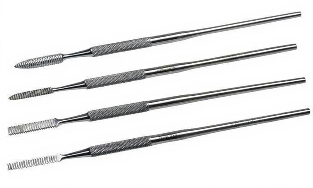Close-up of a stainless steel wax carving file tip, showing its fine teeth for detailed jewellery crafting.