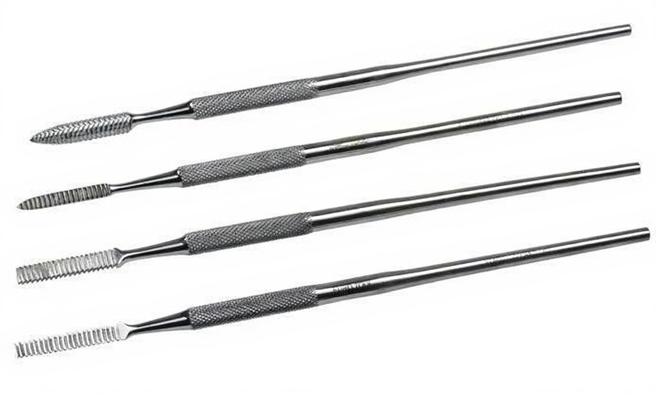 Close-up of a stainless steel wax carving file tip, showing its fine teeth for detailed jewellery crafting.