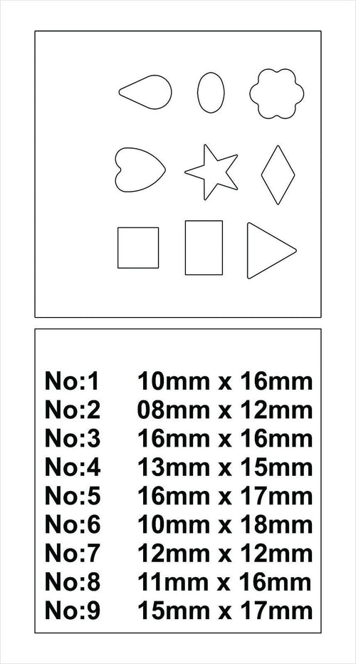 Close-up showing the 9 assorted shaped punches of the steel disc cutter set