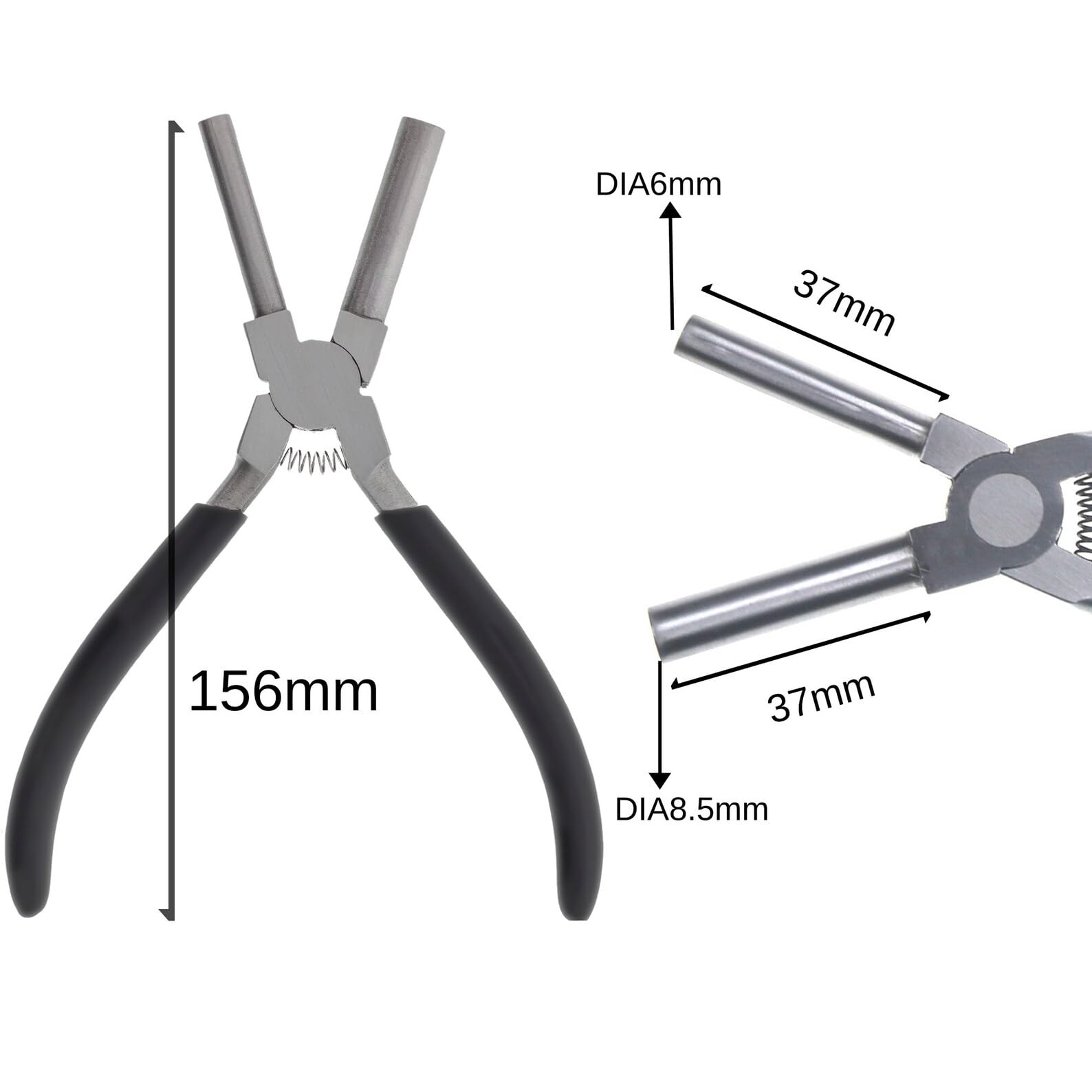 Close-up of the 6mm and 8.5mm jaw loops on the round nose pliers