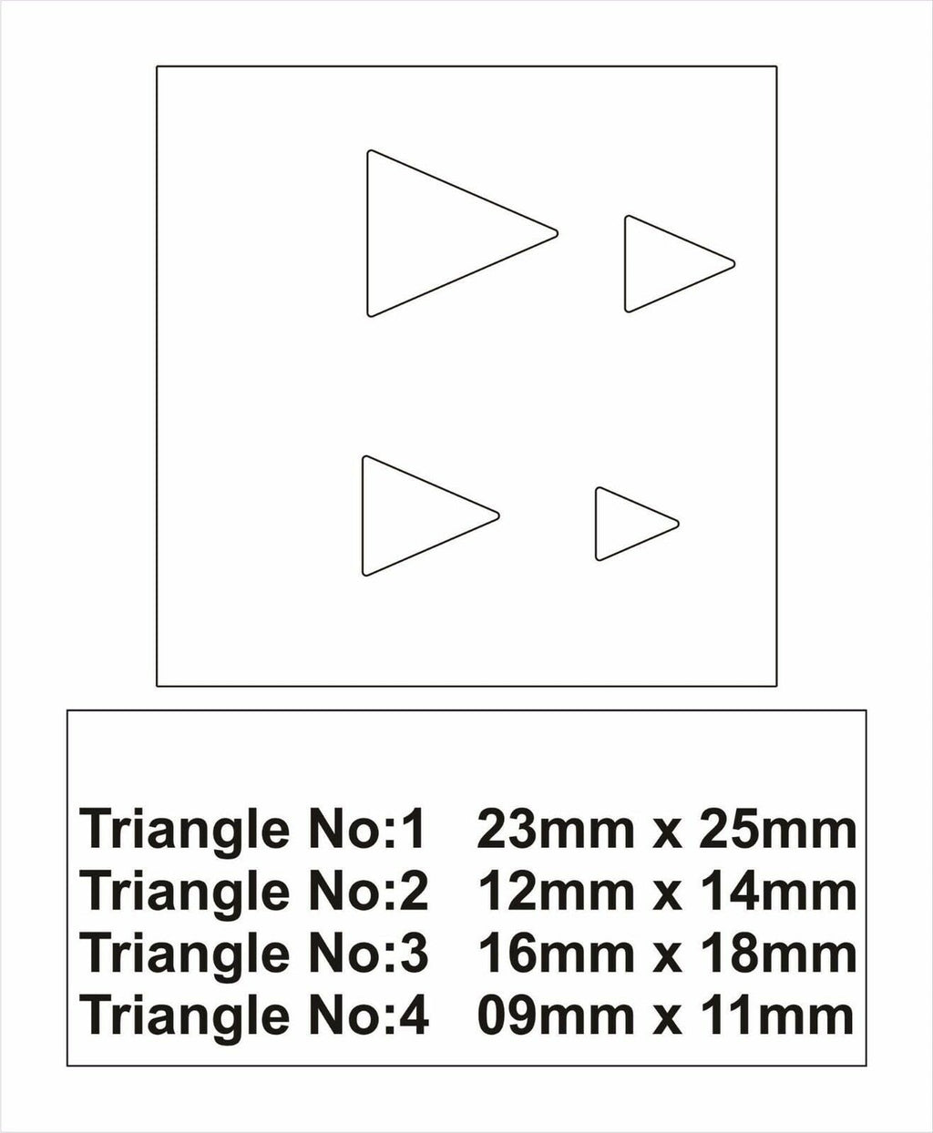 Close-up of the four steel triangle disc cutters, showing the 9-25mm sizes for jewellery pattern design
