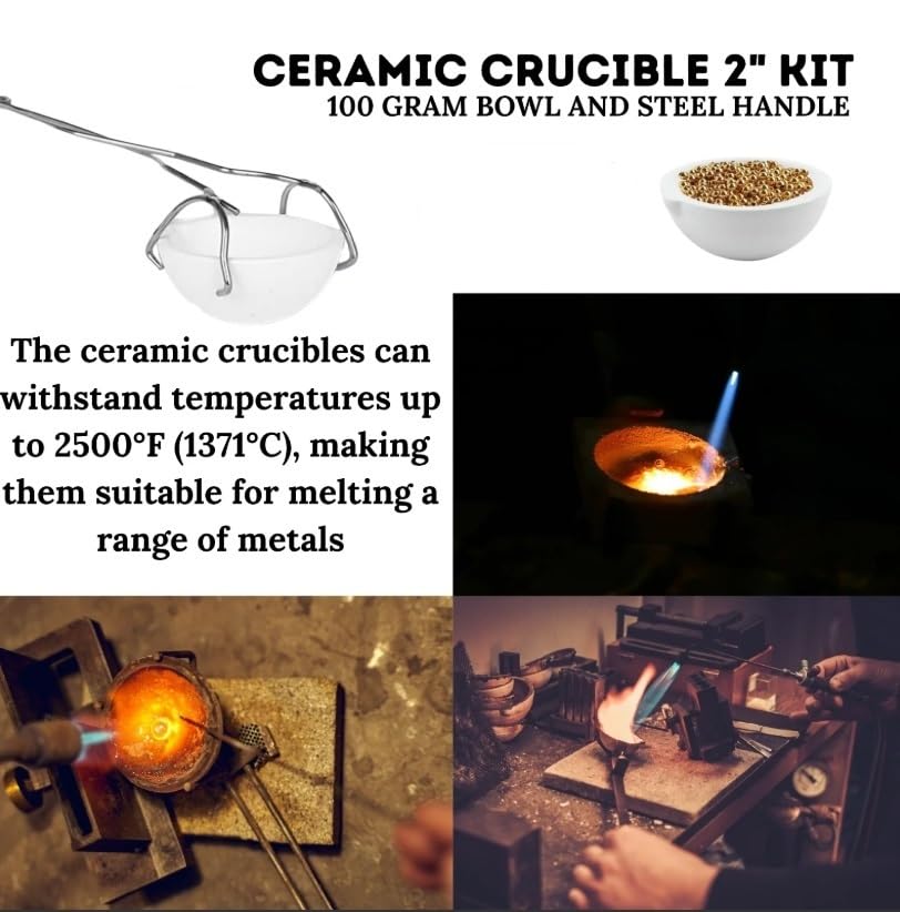 Close-up of crucible dish showing its capacity and the grip of the whip tongs