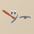 Anticlastic raising cross-peen hammer with curved head, polished faces and wooden handle, with detail views of both peen faces