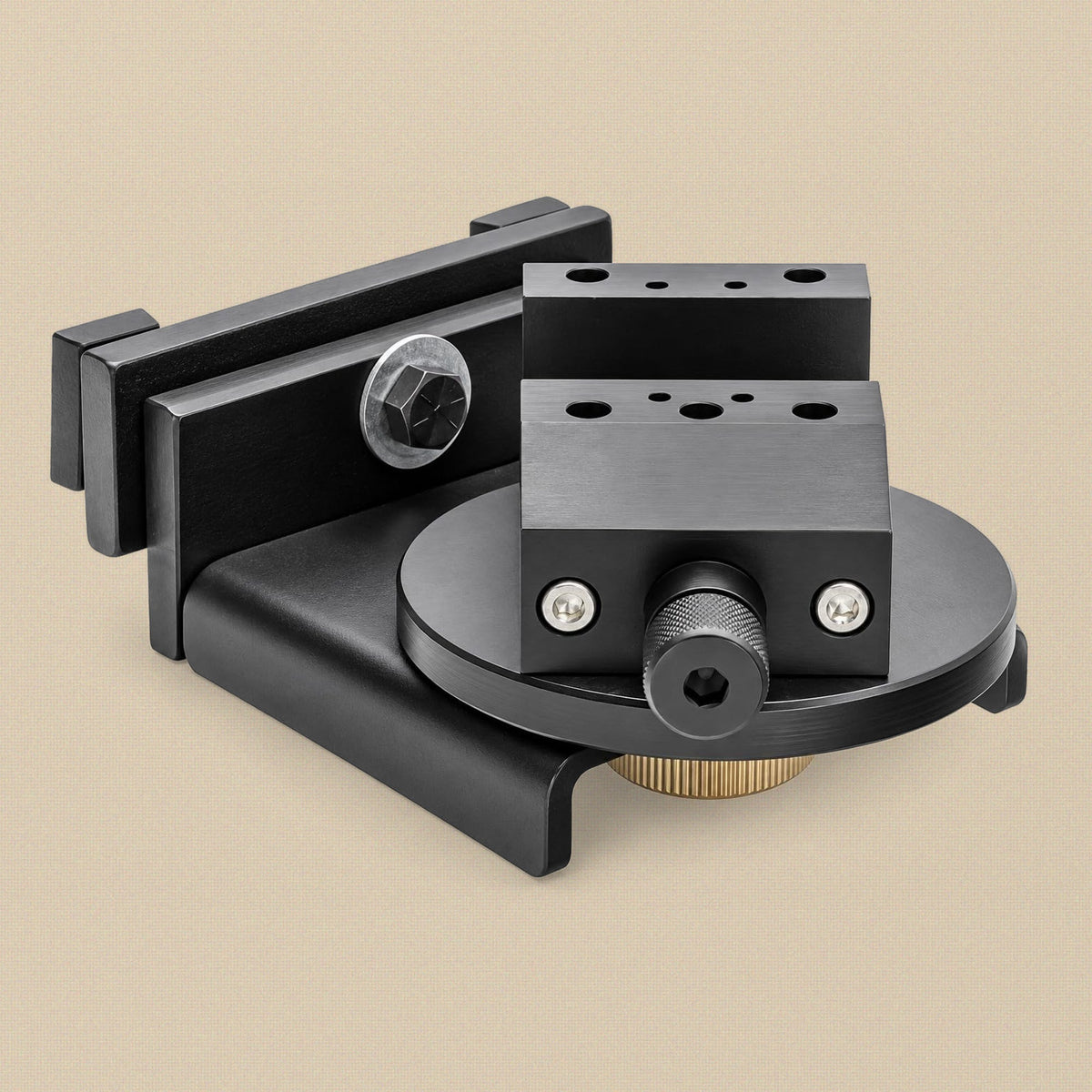 Bench vice from the back, showing the jaw face screws, rotating base and brass locking knob underneath
