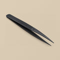 Black anodised stainless steel diamond tweezers with medium serrated tips, 16.5 cm