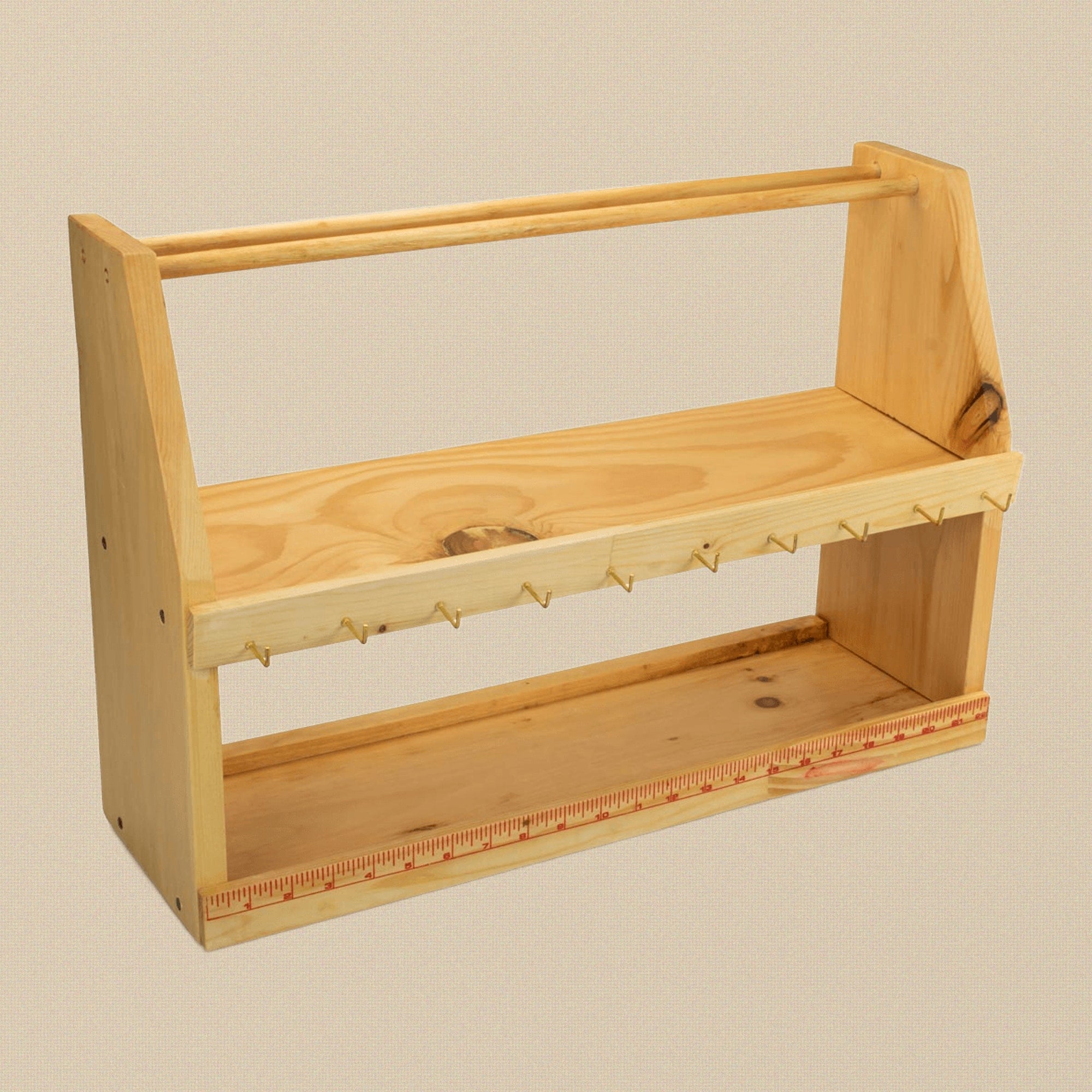 Wooden Workbench Tool Station, White Pine — Carry Handle, Hook Rail & Two Shelves