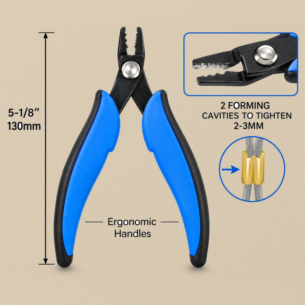 Crimping pliers dimensions: 130 mm (5-1/8 inch) long, for 2-3 mm crimps