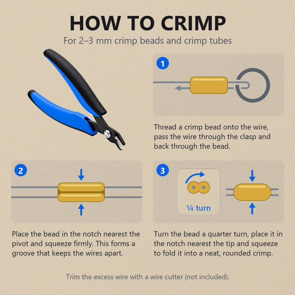 How to crimp: three steps for 2-3 mm crimp beads and tubes with the double-notch crimping pliers