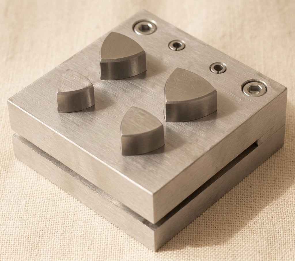 Close-up of the four steel curvilinear triangle disc cutters, sizes 15-22 mm