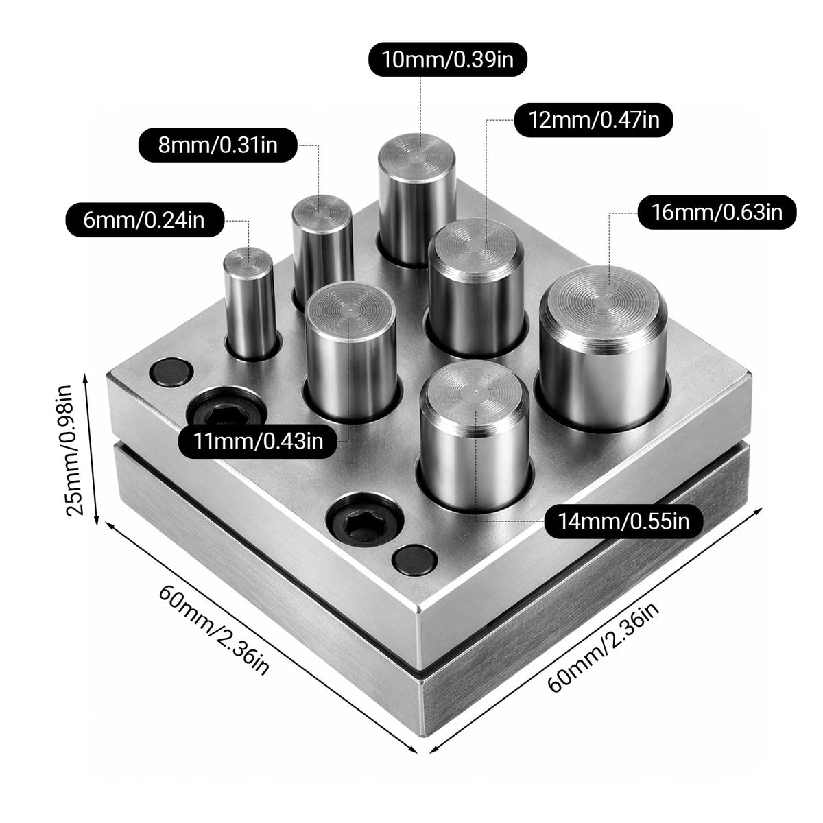 Punch sizes of the 7-hole disc cutter set: 6, 8, 10, 11, 12, 14 and 16 mm on a 60 mm die block