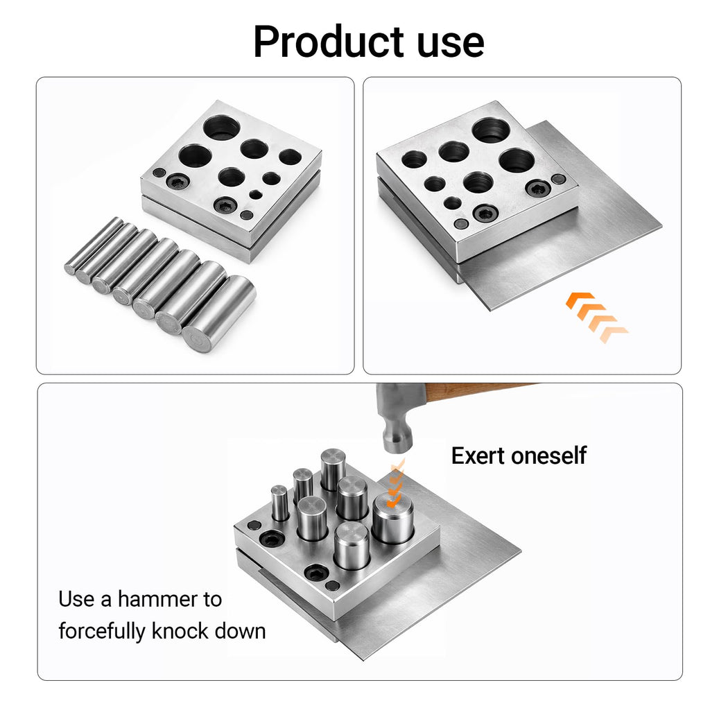 Using the disc cutter set: die block, sheet metal insertion and hammer strike