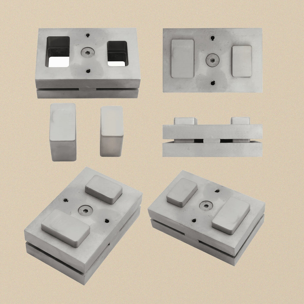 Hardened steel disc cutter set with two rounded rectangle punches shown in the die block.